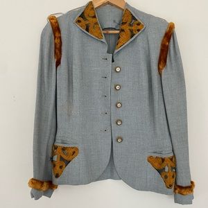 1940s linen suit with fur trim and embroidered details